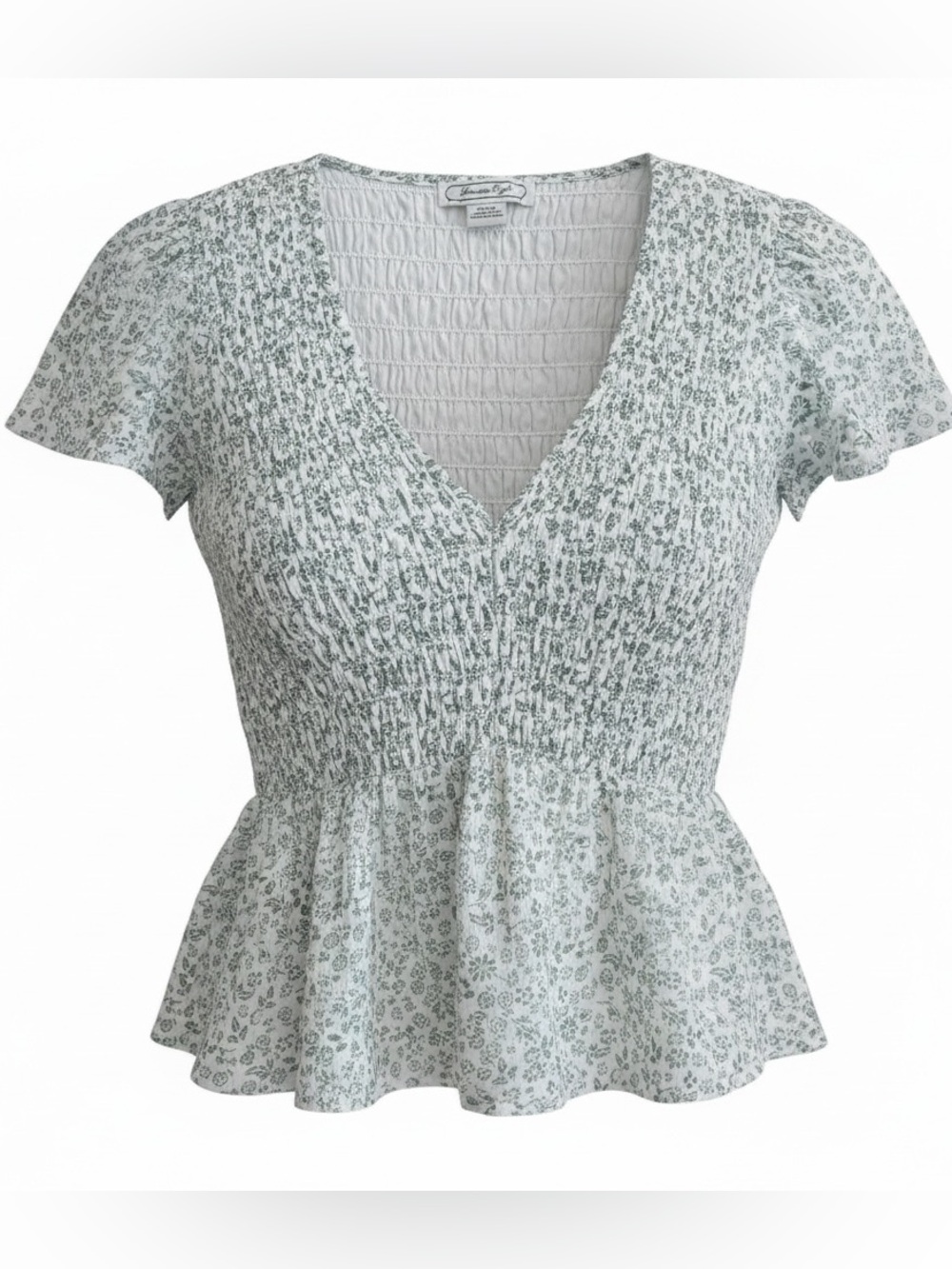 American Eagle Smocked V-Neck Peplum Top in Sage Floral - Women’s Small